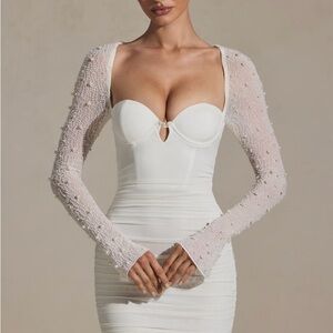 Oh Polly White Ruched Long Sleeve Sweetheart Bridal Dress